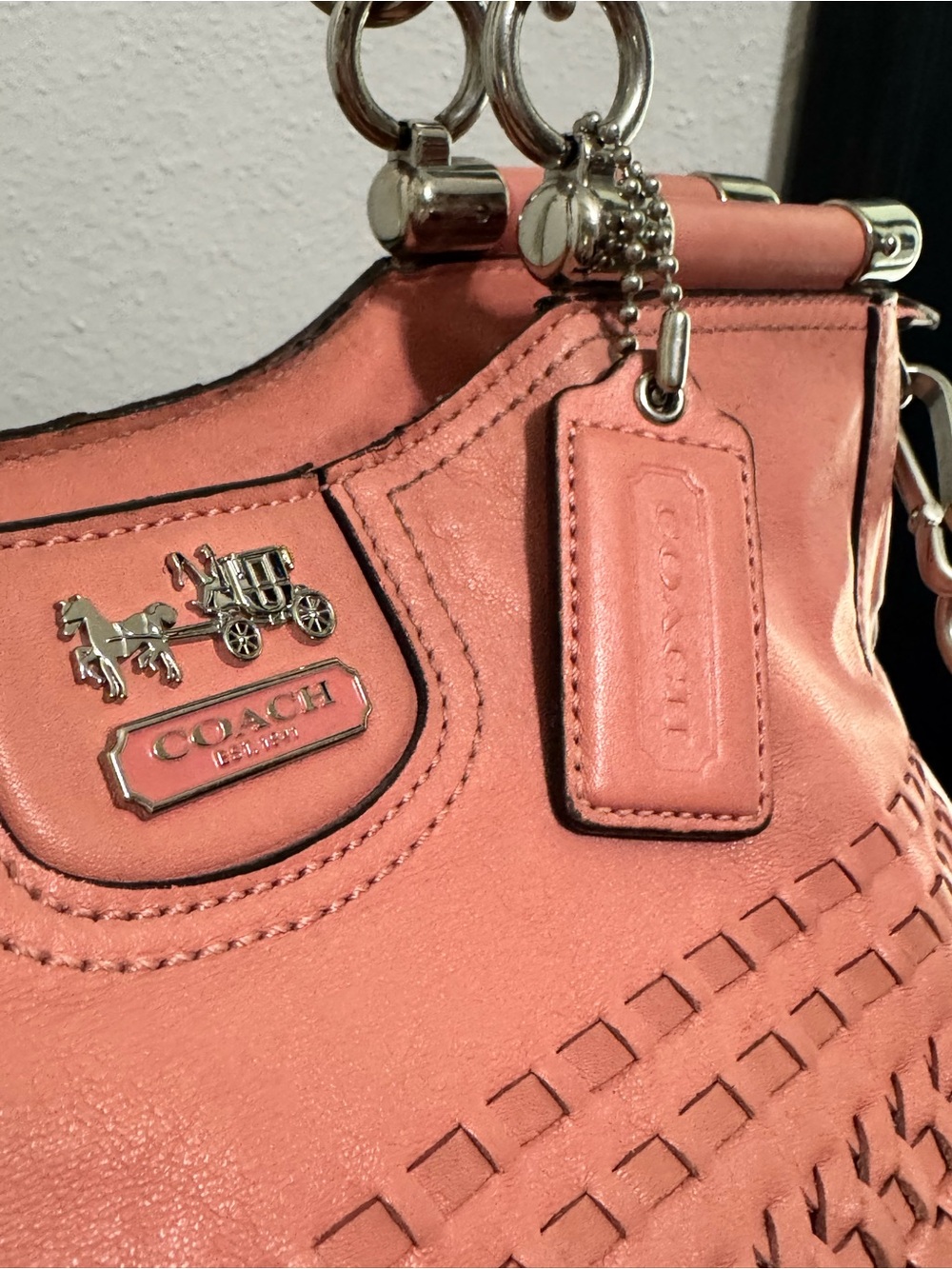 Coach Madison(Maggie) woven Leather Tote/Satchel - Coral Pink - Picture 13 of 16